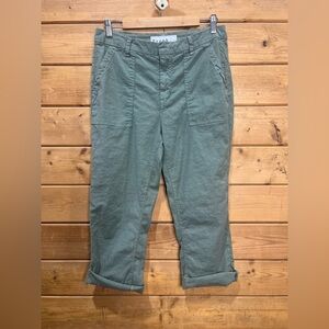 Frank & Eileen Jameson Cropped Pants Olive Green Raw Hem Flax Blend Size 10